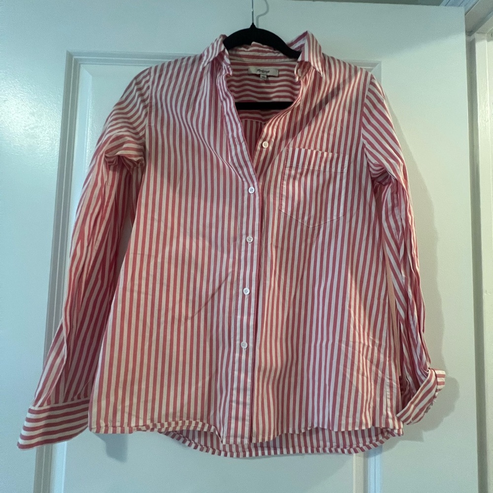 Madewell white and pink striped button down shirt